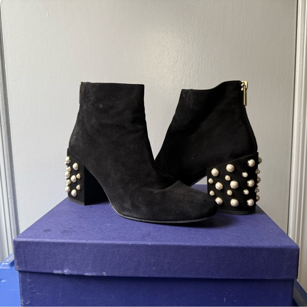 Stuart Weitzman Bacari Black Suede Ankle Boots with Pearl Embellishments